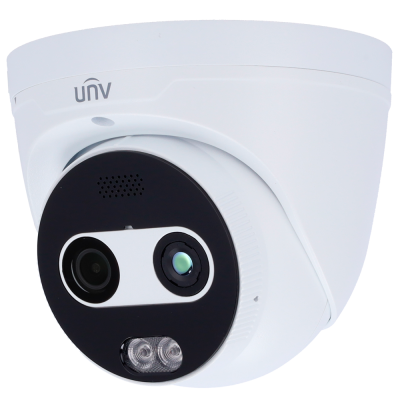 Câmara de vigilância branca e preta da marca UNV montada no teto