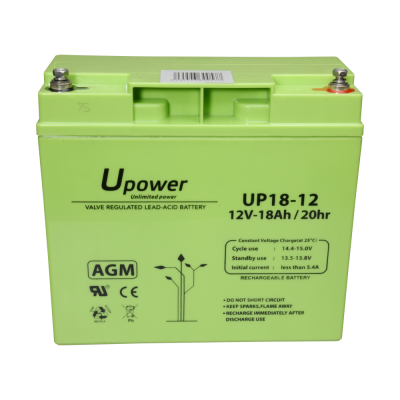 Bateria verde de ácido de chumbo Upower modelo UP18-12 com terminais metálicos