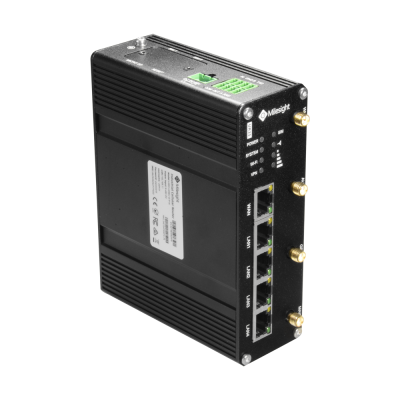 Dispositivo eletrônico preto com portas Ethernet e conectores Wi-Fi