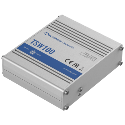 Dispositivo Teltonika Networks TSW100 caixa metálica cinza com etiqueta azul e branca