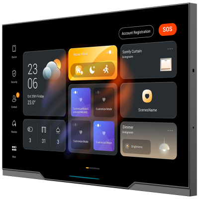 Painel de controlo digital com ecrã tátil preto e várias funções exibidas