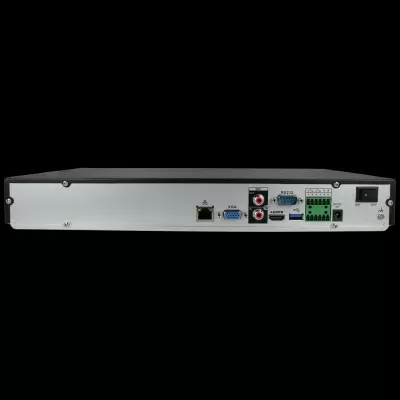 Aparelho eletrônico com portas Ethernet, VGA, HDMI, USB, RS232, áudio RCA, e interruptor ON/OFF
