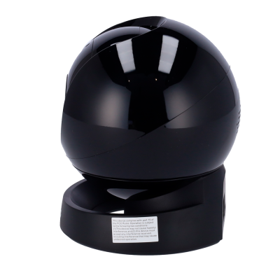 Câmara de vigilância esférica preta com base e rótulo branco.