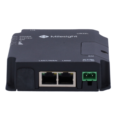 Dispositivo Milesight UR35L preto com portas Ethernet e SIM