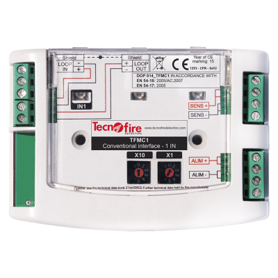 Interface convencional Tecno Fire TFMC1 com detalhes técnicos e ligações visíveis