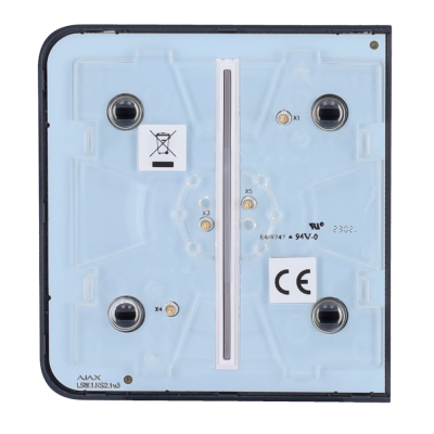unidade eletrónica azul clara quadrada com certificado CE e símbolos