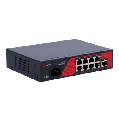Switch de rede Safire SF-POE0802 preto e vermelho com 8 portas Ethernet