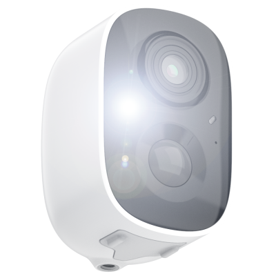 Câmara de segurança branca com lente e sensor