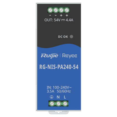 Dispositivo Ruijie Reyee de tecnologia com texto e conetores eléctricos