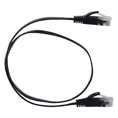 Cabo de rede preto com conectores RJ45 transparentes