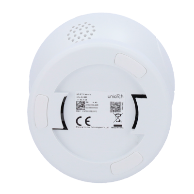 Parte inferior de câmara de segurança branca redonda com etiquetas e códigos