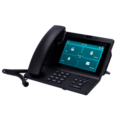 Telefone de secretária preto com ecrã tátil e teclado físico