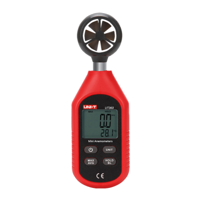 Anemómetro digital MINI vermelho e preto com ecrã LCD.