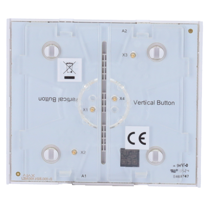 Módulo eletrónico branco com texto e contactos dorados marcado Vertical Button