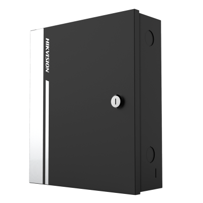 Caixa preta metálica com fecho e texto HIKVISION