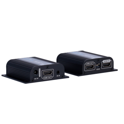 Dois dispositivos eletrónicos pretos com conexões HDMI e entrada de alimentação