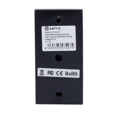 Dispositivo eletrônico preto Safire SF-AC107 com etiqueta branca e códigos técnicos