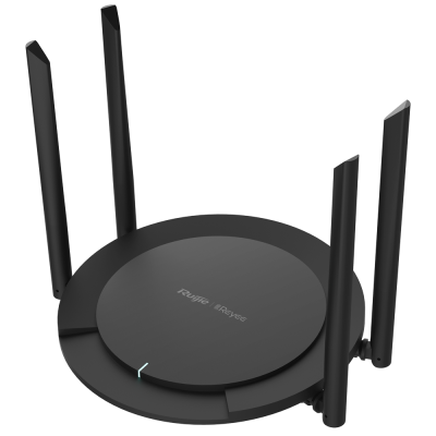 Router Wi-Fi preto com quatro antenas externas e texto no topo