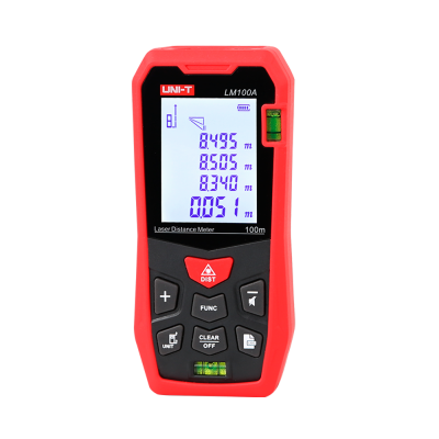 Medidor de distância a laser UNI-T LM100A vermelho e preto com visor digital e botões