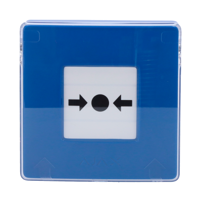 Interruptor quadrado azul com botão branco e símbolos pretos