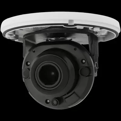 Câmara de videovigilância dome preta e branca com lente exposta