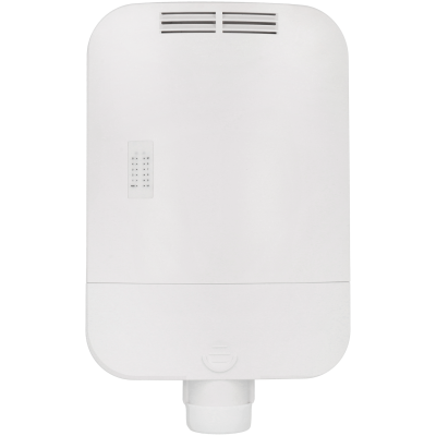 Dispositivo eletrónico branco com grelha de ventilação e painel de botões