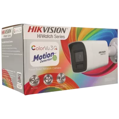 Caixa de câmara de vigilância Hikvision HiWatch Series com design colorido em fundo e texto Motion Detection 3.0