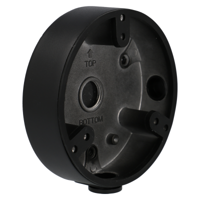 Peça redonda preta com inscrições TOP e BOTTOM, com orifícios e suportes internos