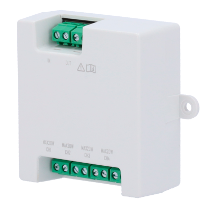 Dispositivo elétrico branco com terminais verdes e inscrições MAX20W CH1 a CH4