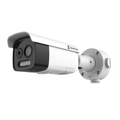 Câmara de segurança branca e cinzenta com lente dupla e iluminação LED da marca HIKMICRO