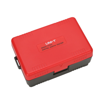 Estojo plástico vermelho e preto com texto UNI-T MODEL UT522 DIGITAL EARTH TESTER