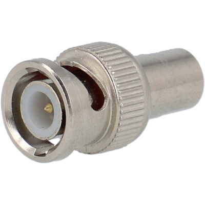 Conector BNC metálico prateado com isolamento branco e contato dourado