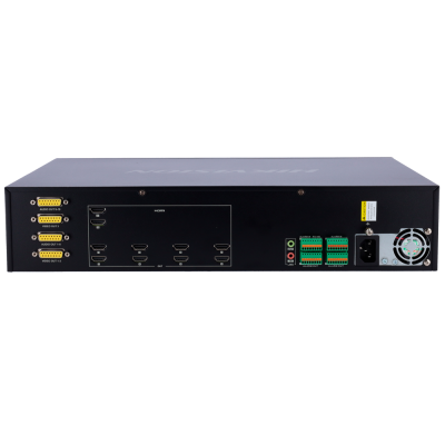 Aparelho eletrônico preto com múltiplas conexões HDMI, conectores amarelos e verdes, ventilador e entrada de energia