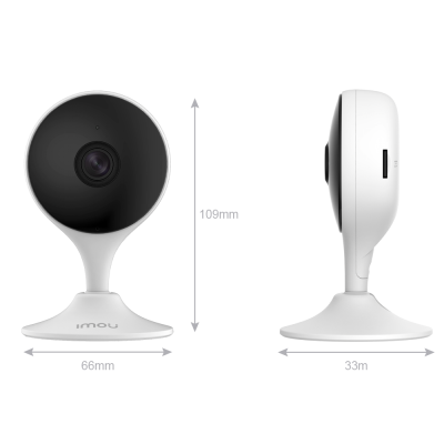Câmara domótica branca com lente preta, vista frontal e lateral, com medidas indicadas