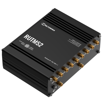 Dispositivo eletrônico preto RUTM52 com conetores dourados e texto de fabricante