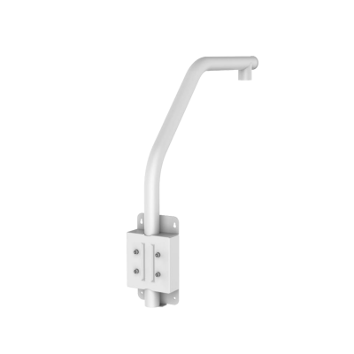 Suporte metálico branco com base de fixação e braço curvado