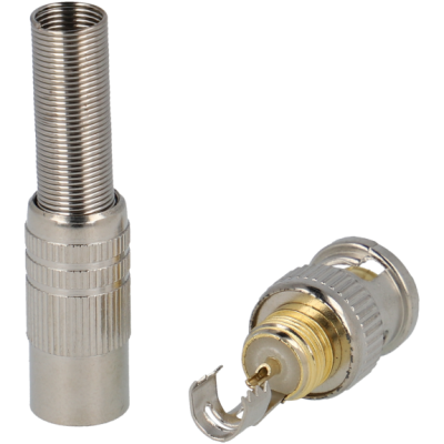 Conectores coaxiais metálicos com pino dourado e corpo prateado