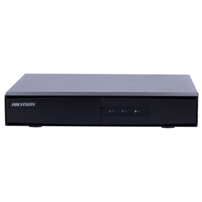 Gravador Hikvision preto com painel frontal com três ícones de estado