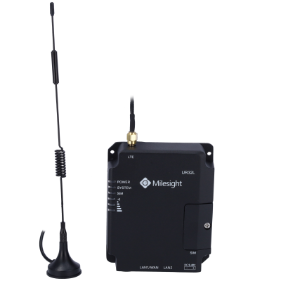 Dispositivo preto Milesight UR32L com antena LTE destacada