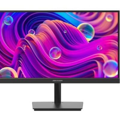 Monitor HIKVISION preto com base retangular e imagem colorida abstracta