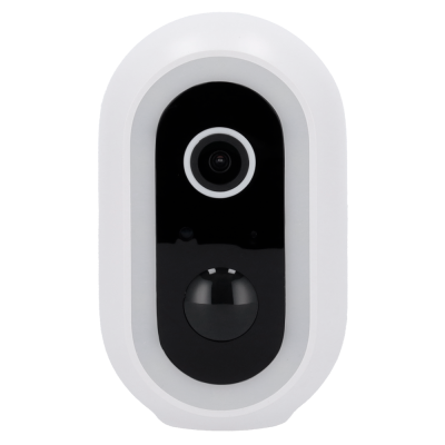 Câmara de segurança branca com lente e sensor preto