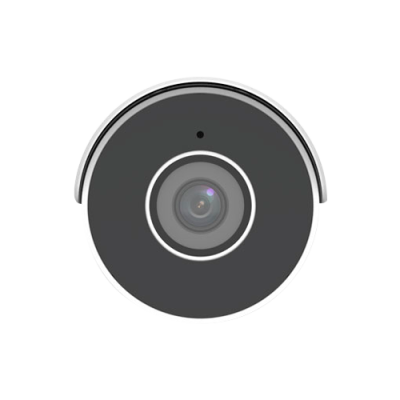 Câmara de segurança redonda branca e preta com lente central.