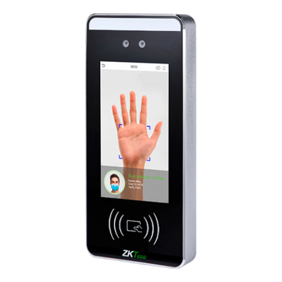 Dispositivo de reconhecimento biométrico com ecrã a mostrar uma mão e texto de verificação