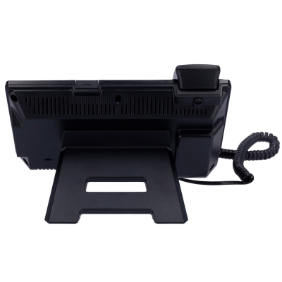 Telefone preto com base de apoio integrada e fio enrolado