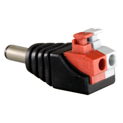 Adaptador de ficha elétrica preto com terminais vermelhos e brancos