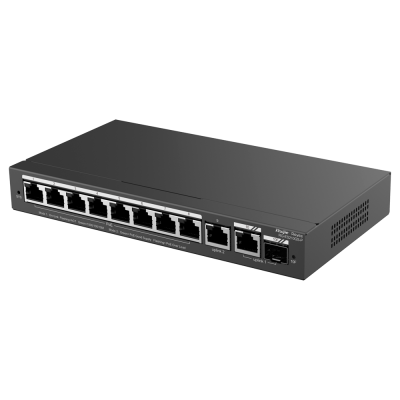 Switch de rede Ethernet preto com múltiplas portas RJ45 e caixa metálica ventilada