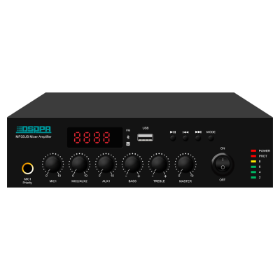Amplificador mixer DSPPA MP35UB preto com mostrador digital e botões de ajuste