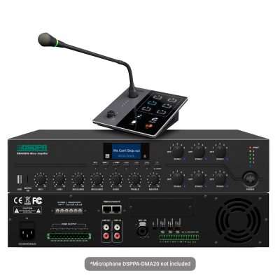 Amplificador misturador DSPPA DMA6500U preto com microfone e painel de controlo