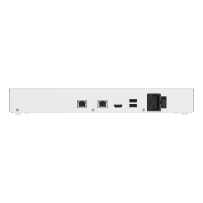 Dispositivo branco com portas Ethernet, HDMI, USB e tomada de alimentação na parte traseira
