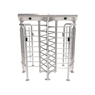 Tornozeleira dupla metálica prateada com luzes verdes e múltiplas barras de controlo de acesso